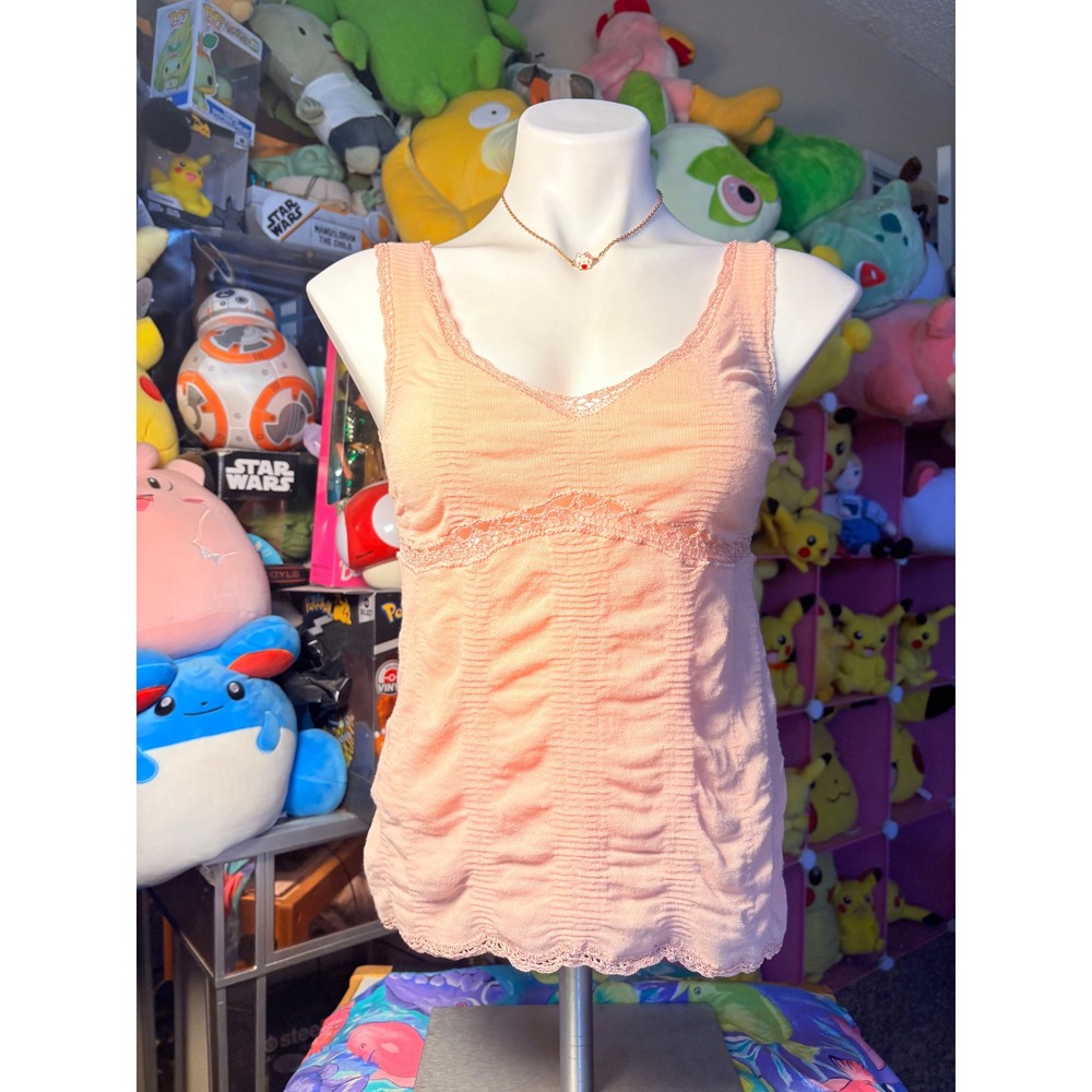 Y2k Express Peach Ruched Lace Trim Tank Top Sleeveless V-Neck Cotton Smal #5l